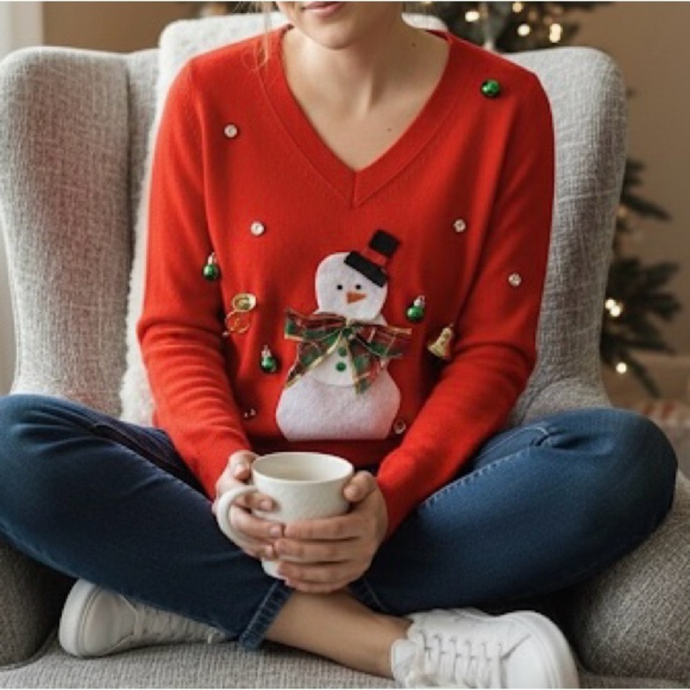 Christmas Ann Taylor Red V-Neck Sweater 100% Cashmere 
Size XS